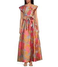 Abbey Glass Olivia Printed Round Neckline Cap Sleeve Organza A-Line Gown