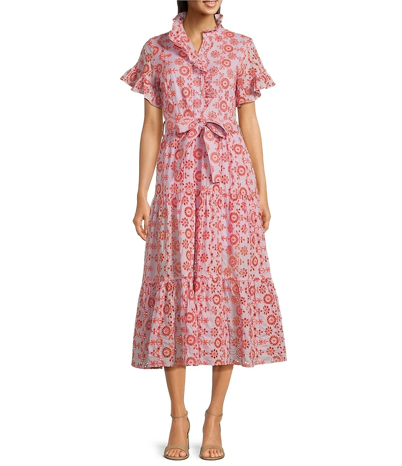 Abbey Glass Sadie Eyelet Short Ruffle Sleeve Self Tie Tiered Skirt A-Line Midi Dress