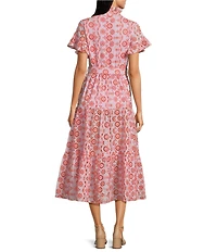 Abbey Glass Sadie Eyelet Short Ruffle Sleeve Self Tie Tiered Skirt A-Line Midi Dress