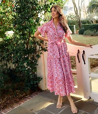 Abbey Glass Sadie Eyelet Short Ruffle Sleeve Self Tie Tiered Skirt A-Line Midi Dress