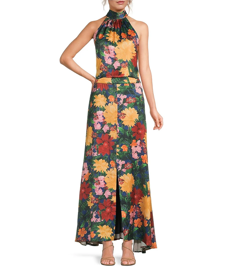 Abbey Glass Savannah Coordinating Satin Mid Rise Hi Lo Maxi Skirt