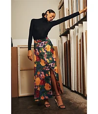 Abbey Glass Savannah Coordinating Satin Mid Rise Hi Lo Maxi Skirt