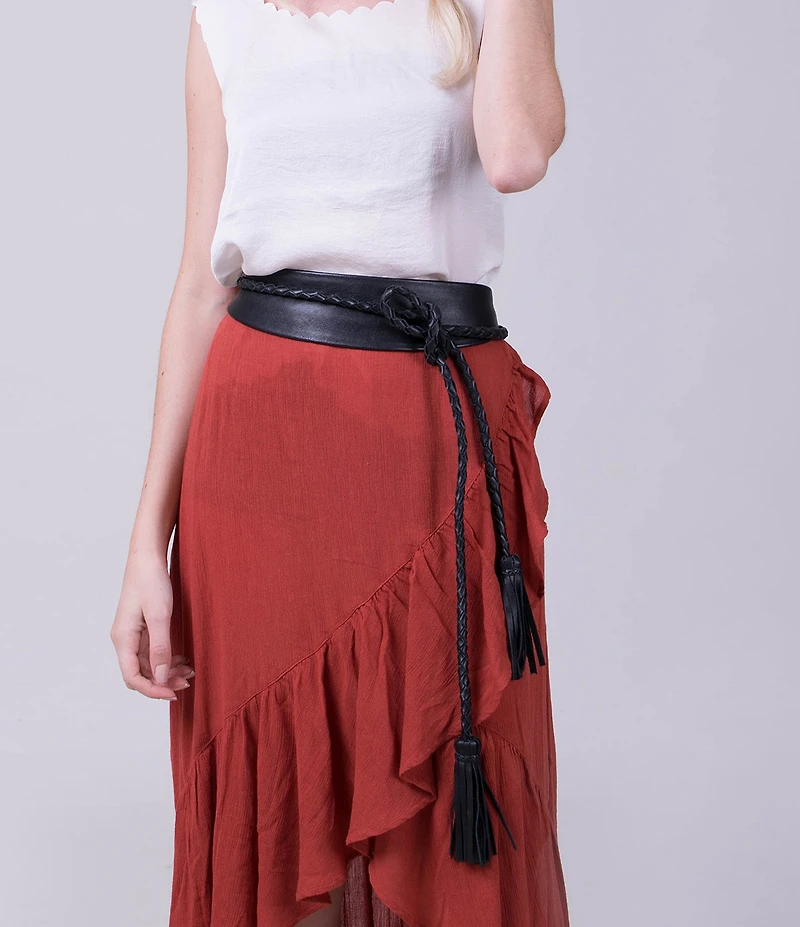 ADA Lucky Leather Braided Tassel Wide Wrap Belt