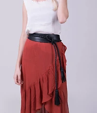 ADA Lucky Leather Braided Tassel Wide Wrap Belt