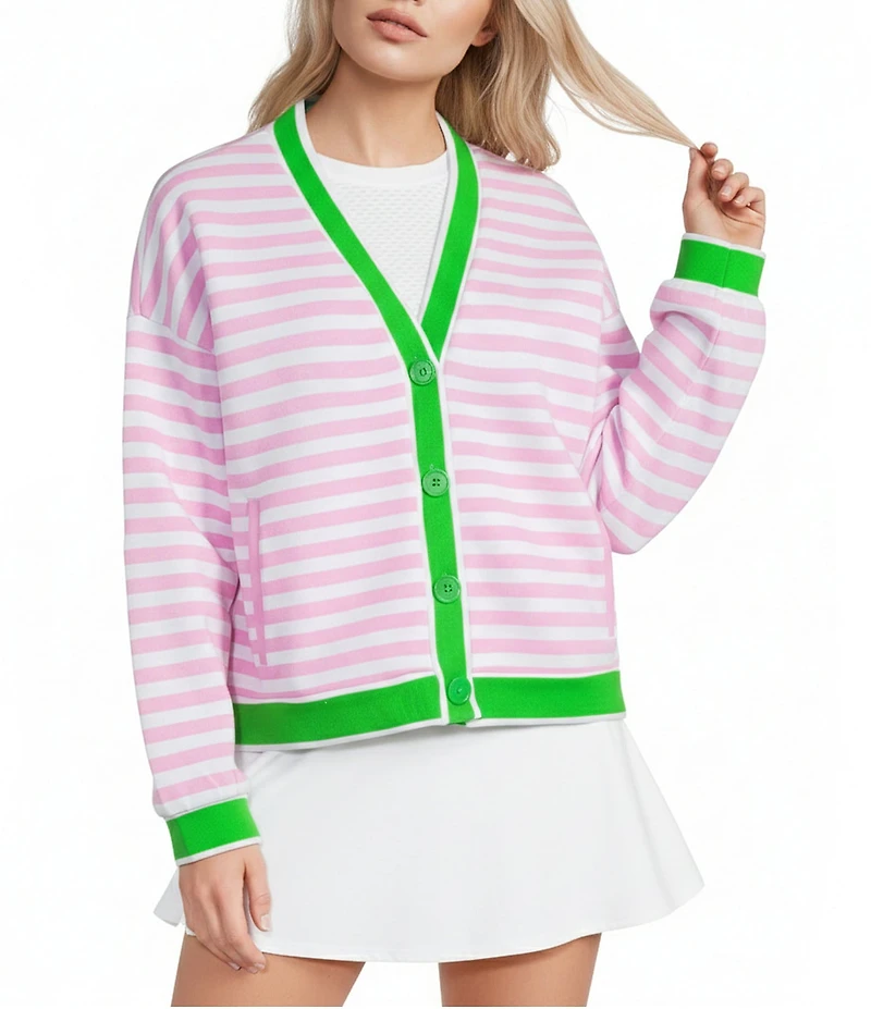 Addison Bay Abbott Striped V-Neck Long Sleeve Sweatshirt Cardigan