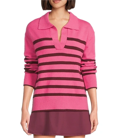Addison Bay Carlyle Rugby Contrast Stripe Spread Collar Long Sleeve Sweater