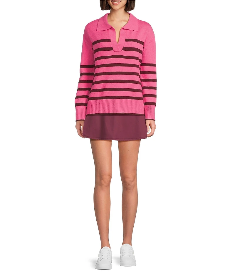 Addison Bay Carlyle Rugby Contrast Stripe Spread Collar Long Sleeve Sweater
