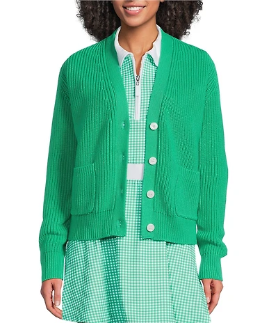 Addison Bay Clubhouse Collection Greenfield Gingham Print V-Neck Long Sleeve Cardigan Sweater
