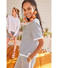Addison Bay Lennon Stripe Print Crew Neck Short Sleeve Coordinating Boxy Top