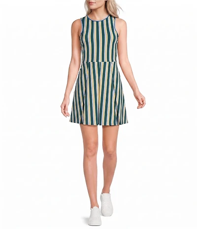 Addison Bay Racquet Stripe Printed High Crew Neck Sleeveless Box Pleated Mini Dress
