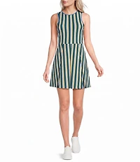 Addison Bay Racquet Stripe Printed High Crew Neck Sleeveless Box Pleated Mini Dress