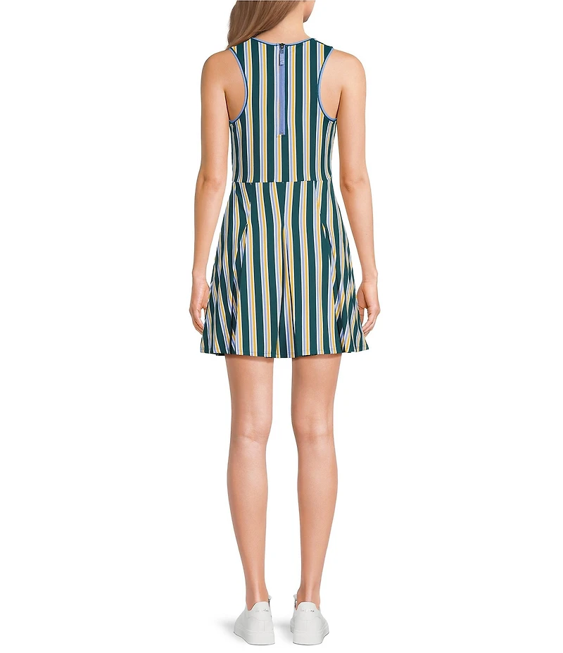 Addison Bay Racquet Stripe Printed High Crew Neck Sleeveless Box Pleated Mini Dress