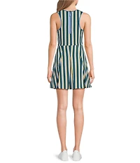 Addison Bay Racquet Stripe Printed High Crew Neck Sleeveless Box Pleated Mini Dress
