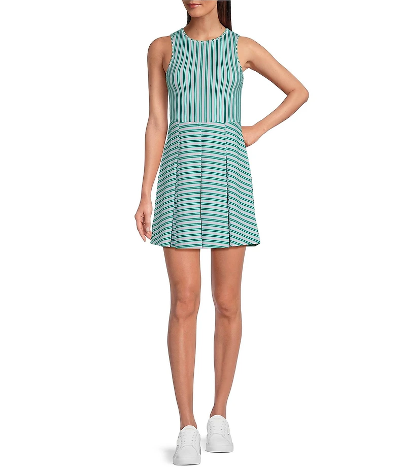 Addison Bay Racquet Striped Print Crew Neck Sleeveless Pleated Active Dress