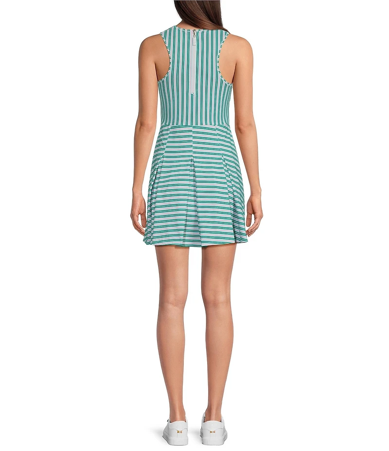 Addison Bay Racquet Striped Print Crew Neck Sleeveless Pleated Active Dress