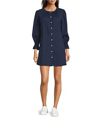 Addison Bay Sailor Solid Woven Long Puff Sleeve Button Front A-Line Dress