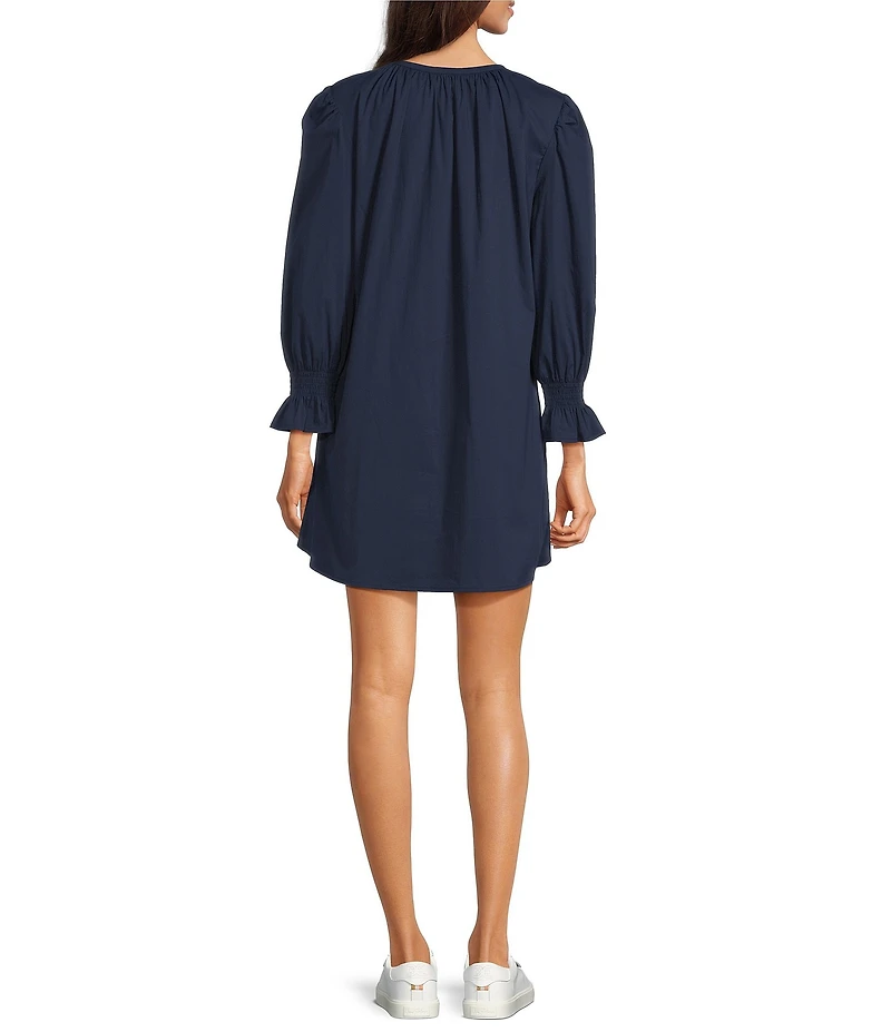 Addison Bay Sailor Solid Woven Long Puff Sleeve Button Front A-Line Dress