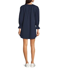 Addison Bay Sailor Solid Woven Long Puff Sleeve Button Front A-Line Dress