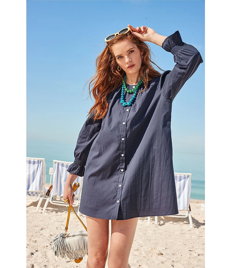 Addison Bay Sailor Solid Woven Long Puff Sleeve Button Front A-Line Dress