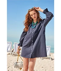 Addison Bay Sailor Solid Woven Long Puff Sleeve Button Front A-Line Dress