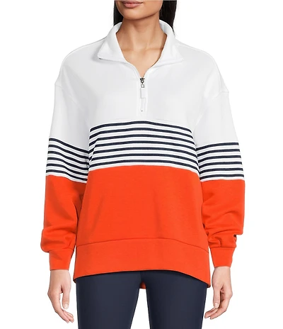 Addison Bay Varsity Colorblock Stripe Stand Mock Collar Long Sleeve Quarter Zip Sweatshirt