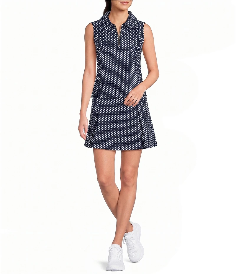 Addison Bay Virginian Dot Printed Collared Zip Front Sleeveless Coordinating Ponte Polo Top