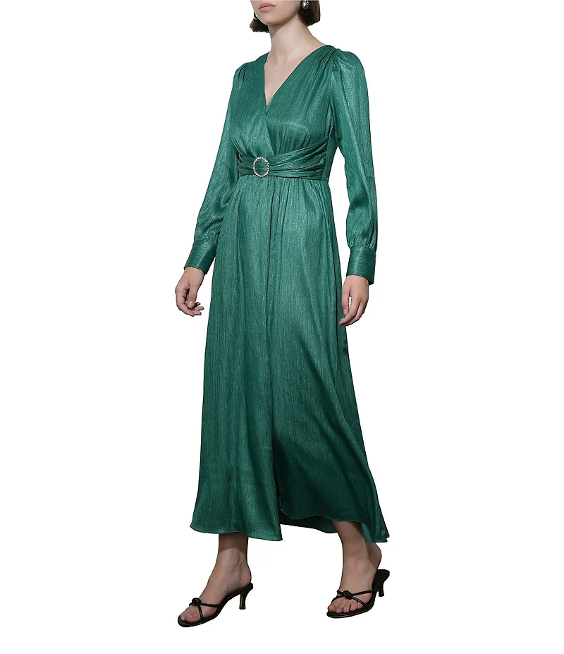 Adelyn Rae Adona Long Sleeve V-Neck Satin Maxi Dress
