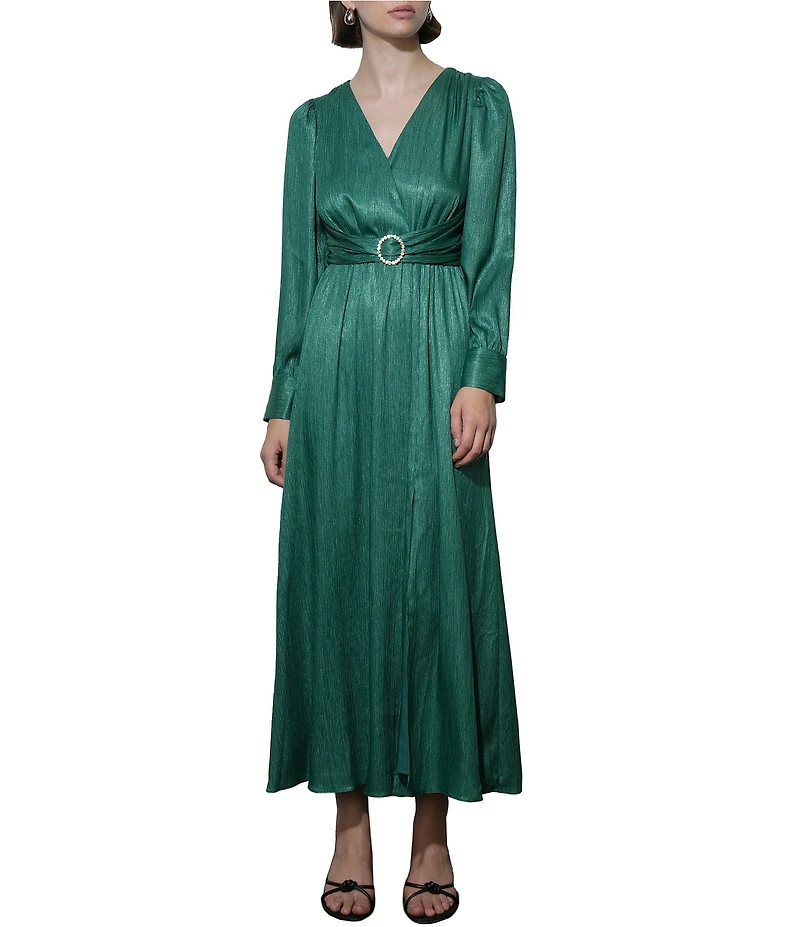 Adelyn Rae Adona Long Sleeve V-Neck Satin Maxi Dress