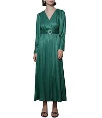 Adelyn Rae Adona Long Sleeve V-Neck Satin Maxi Dress