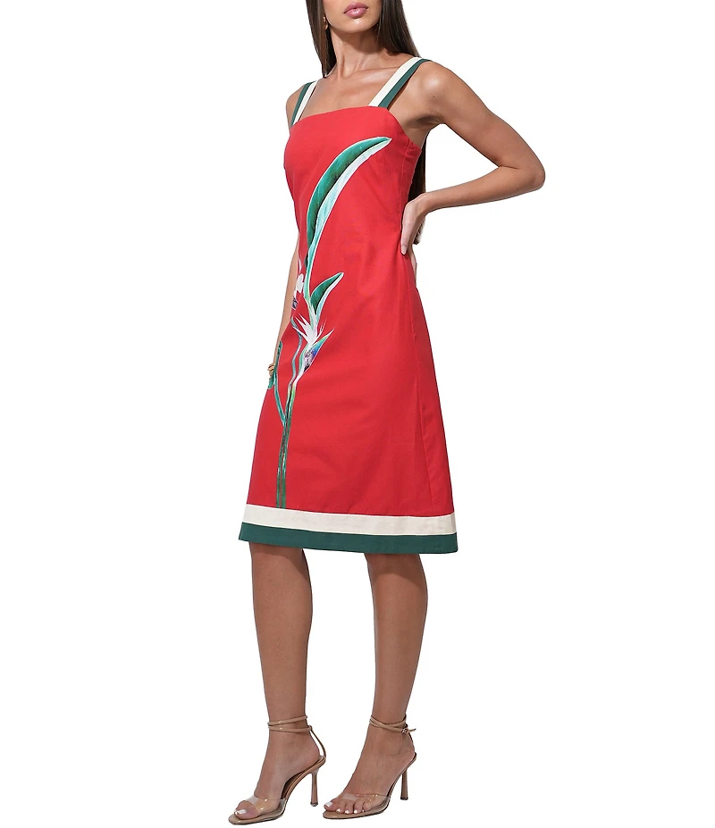 Adelyn Rae Birds Of Paradise Linen Blend Square Neck Sleeveless Smocked Back Woven A-Line Dress