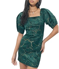 Adelyn Rae Burnout Velvet Short Puff Sleeve Square Neckline Sheath Mini Dress