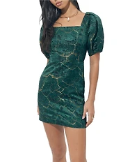 Adelyn Rae Burnout Velvet Short Puff Sleeve Square Neckline Sheath Mini Dress