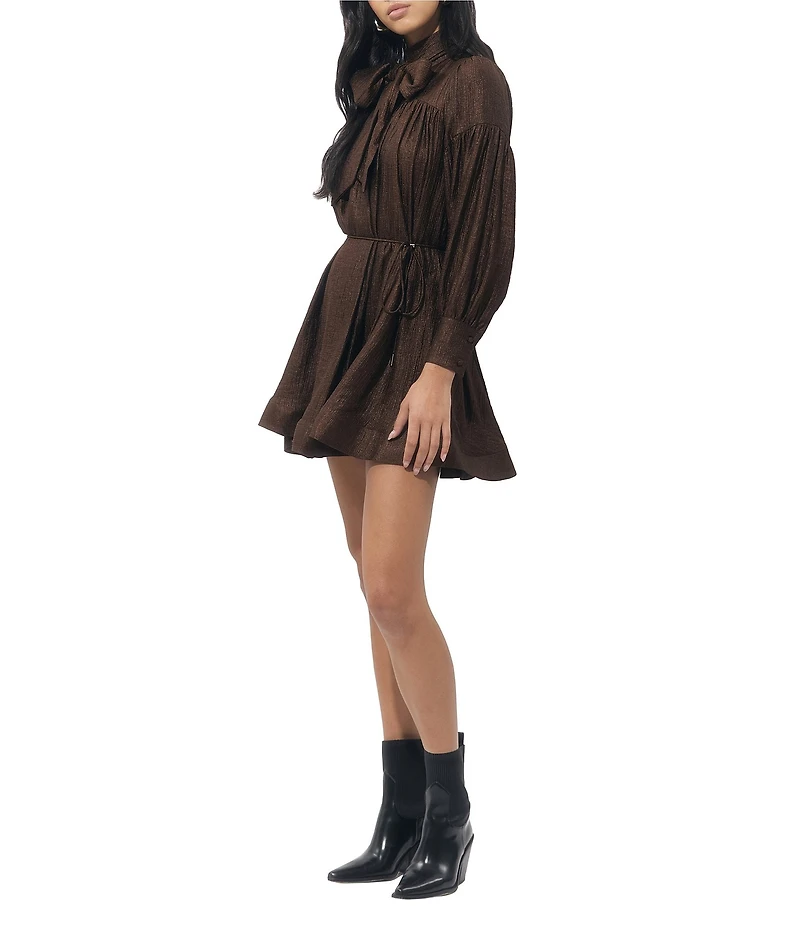 Adelyn Rae Daphne Woven Mock Bow Neck Long Sleeve A-Line Mini Dress