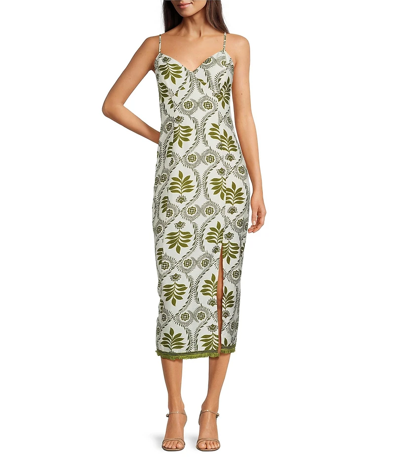 Adelyn Rae Denna Woven Tropical Palm Print V Neck Sleeveless Fringe Hem Slip Midi Dress