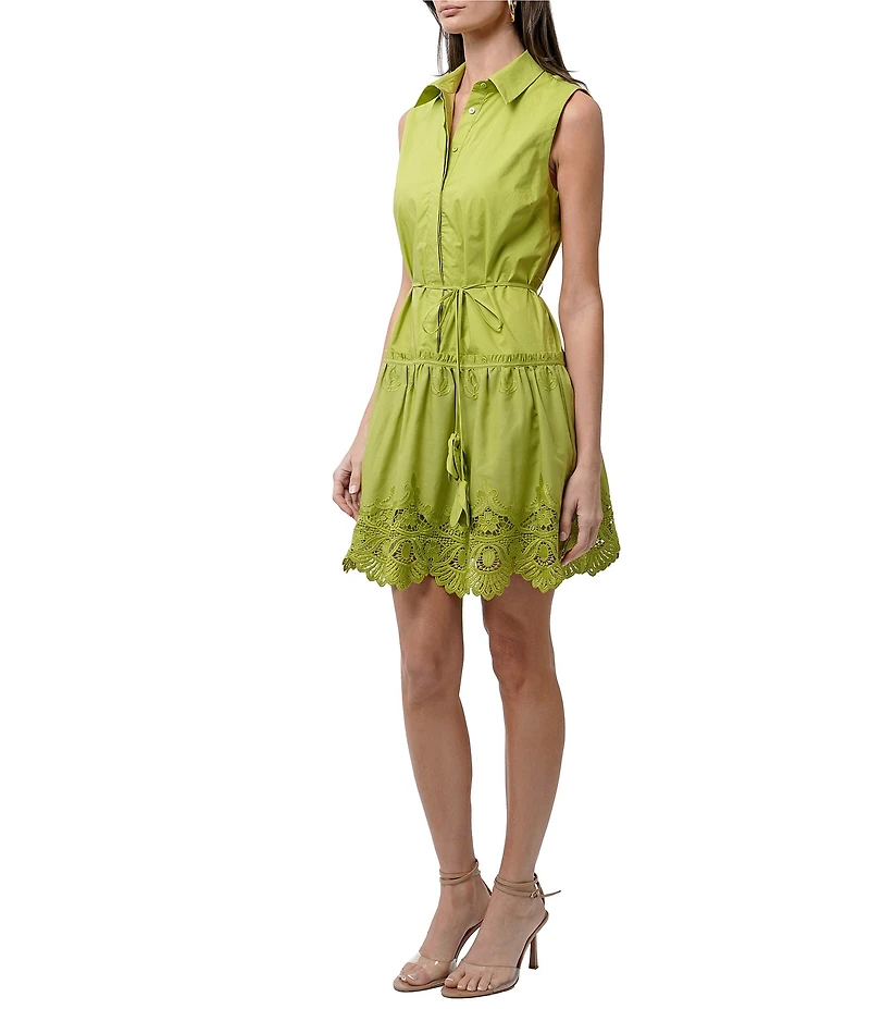 Adelyn Rae Dustina Woven Point Collar Neck Sleeveless Embroidered Hem Button Front Waist Tie Shirt Mini Dress