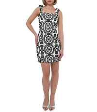 Adelyn Rae Embroidered Square Neck Sleeveless Bow Shoulder Mini Sheath Dress