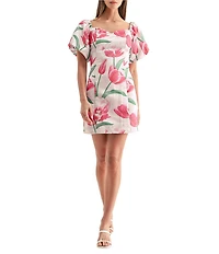 Adelyn Rae Esther Floral Jacquard Sweetheart Neckline Short Puff Sleeve Mini Dress