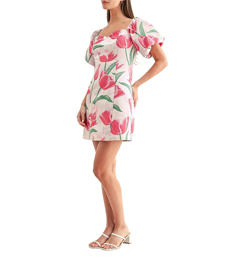 Adelyn Rae Esther Floral Jacquard Sweetheart Neckline Short Puff Sleeve Mini Dress
