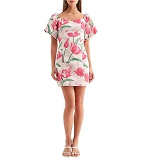Adelyn Rae Esther Floral Jacquard Sweetheart Neckline Short Puff Sleeve Mini Dress