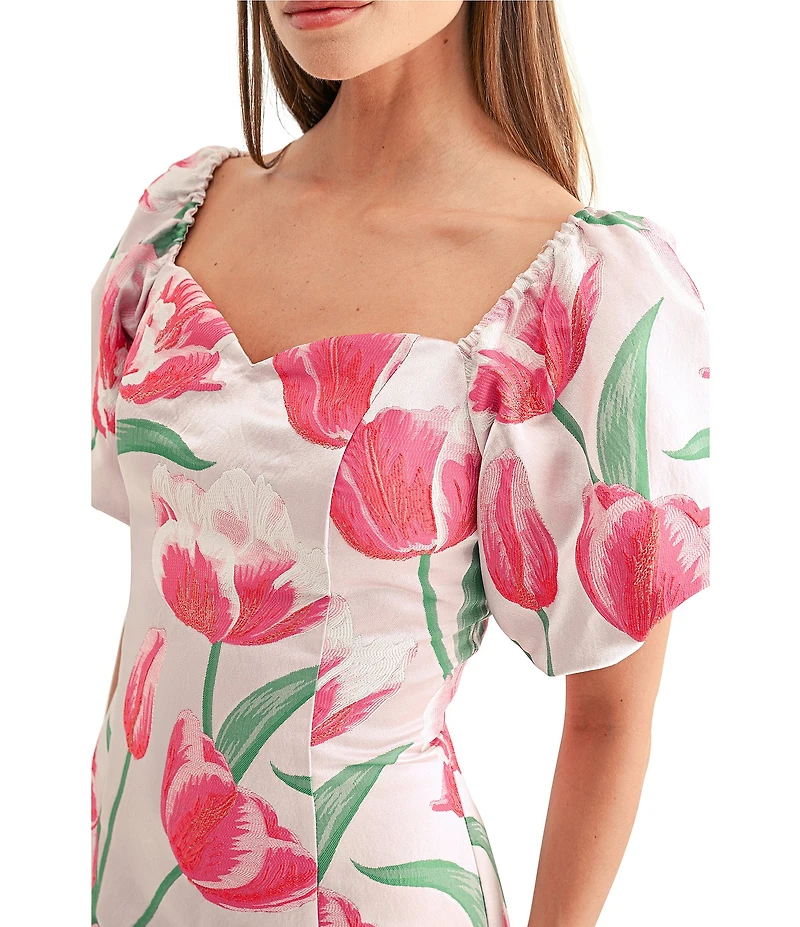 Adelyn Rae Esther Floral Jacquard Sweetheart Neckline Short Puff Sleeve Mini Dress