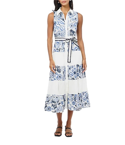 Adelyn Rae Ethena Embroidered Floral Print Point Collar Neck Sleeveless Belted Button Front A-Line Midi Dress