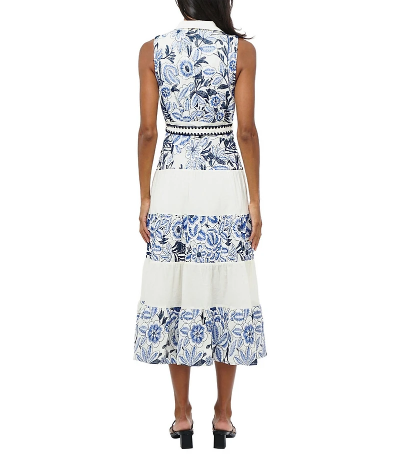 Adelyn Rae Ethena Embroidered Floral Print Point Collar Neck Sleeveless Belted Button Front A-Line Midi Dress