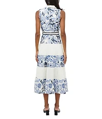 Adelyn Rae Ethena Embroidered Floral Print Point Collar Neck Sleeveless Belted Button Front A-Line Midi Dress