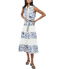 Adelyn Rae Ethena Embroidered Floral Print Point Collar Neck Sleeveless Belted Button Front A-Line Midi Dress