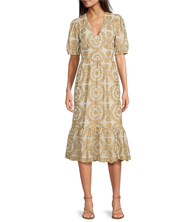 Adelyn Rae Eyelet Embroidered Puff Short Sleeve V-Neck Midi Dress