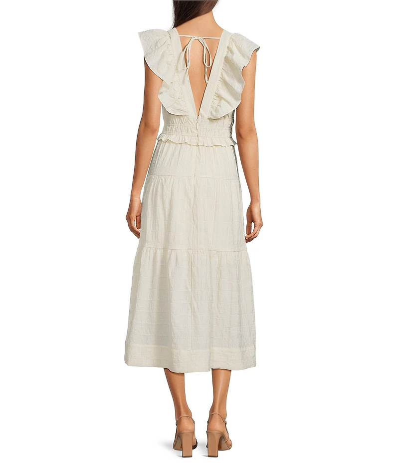 Adelyn Rae Jina Textured Woven V-Neck Sleeveless Ruffle A-Line Midi Dress