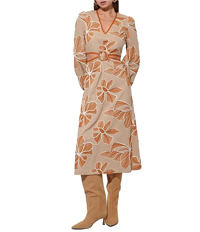 Adelyn Rae Joy Embroidered Floral Print Side Cut Out & Open Back Midi Dress