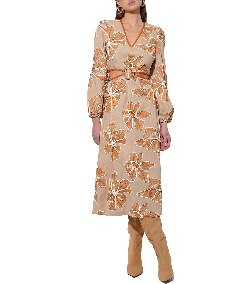 Adelyn Rae Joy Embroidered Floral Print Side Cut Out & Open Back Midi Dress