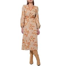 Adelyn Rae Joy Embroidered Floral Print Side Cut Out & Open Back Midi Dress