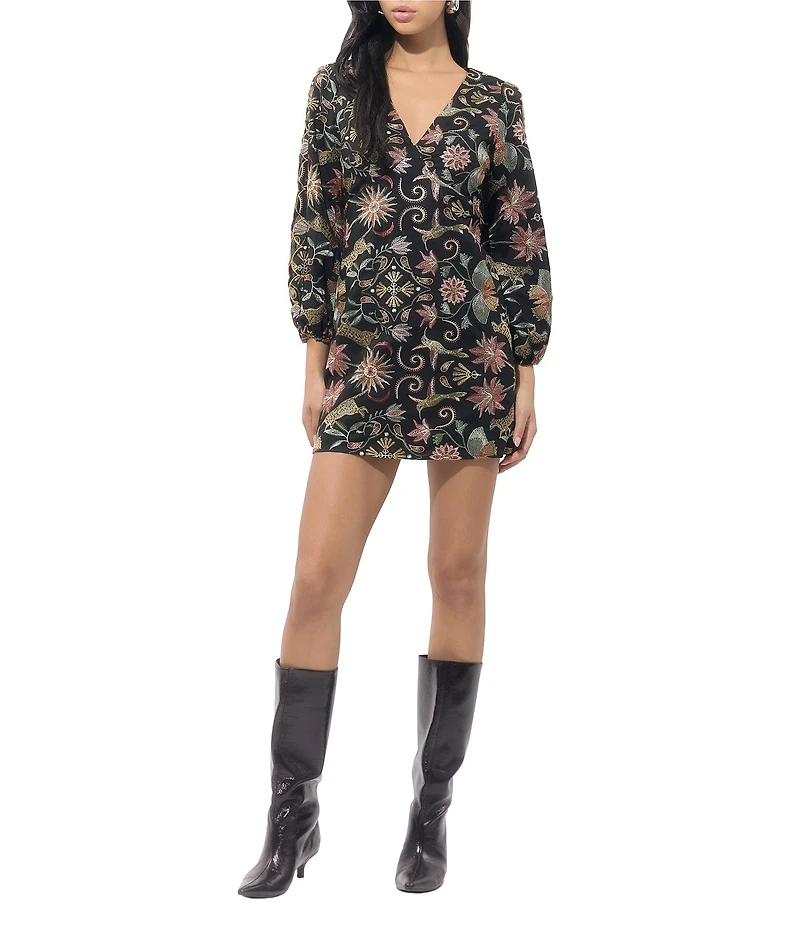 Adelyn Rae Juno Floral Embroidered V-Neck Long Sleeve Sheath Mini Dress